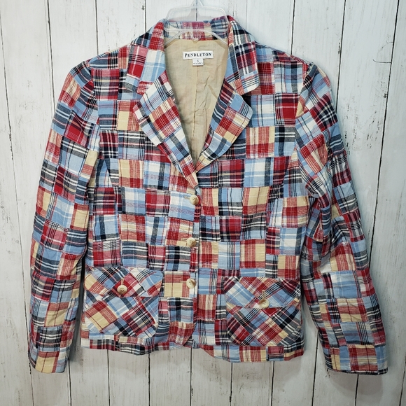 Vintage Pendleton Women's Cotton Patchwork Red Blue Tan Blazer Size Small. - Picture 1 of 7